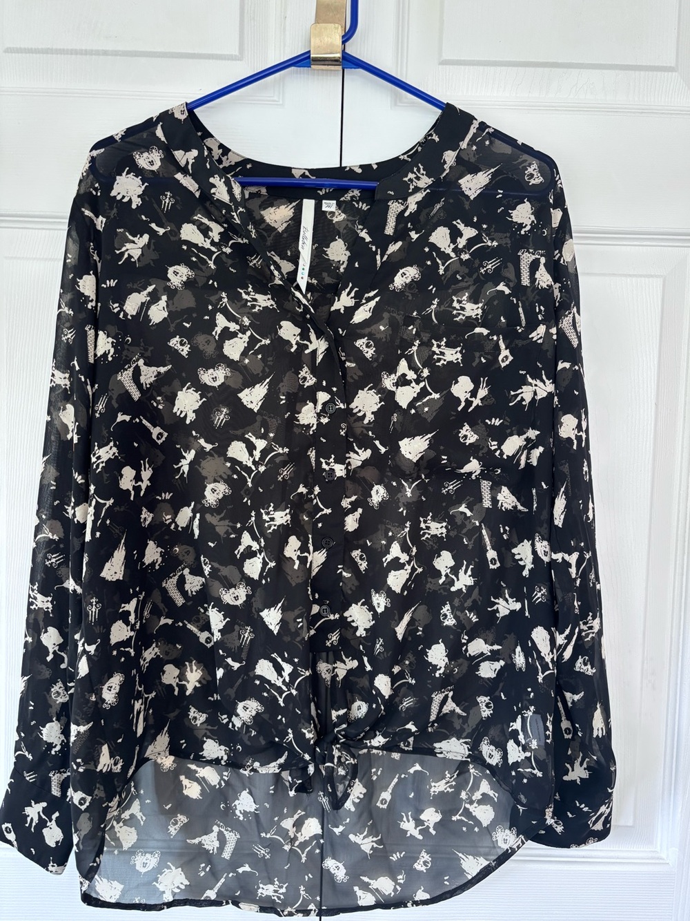 Bellatrix Fairytale Print Black Sheer Tie-Front Blouse Size